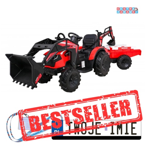 Traktor 720-T z przyczepką i łyżką na akumulator - czerwony, 2x200W 24V/10Ah, ekoskóra, pilot, MP3 [SX2068]