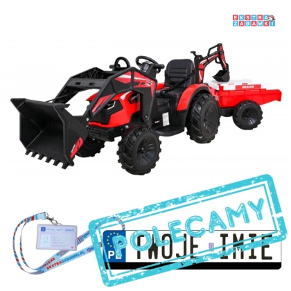 Traktor 720-T z przyczepką i łyżką na akumulator - czerwony, 2x200W 24V/10Ah, ekoskóra, pilot, MP3 [SX2068]