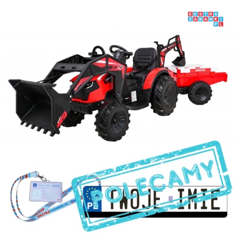 [SX2068] Wielki traktor 720-T z przyczepką i łyżką na akumulator 2x200W 24V/10Ah ekoskóra pilot pokrowiec MP3 - czerwony [S]