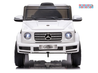 Biały Mercedes G500 na akumulator - 2x45W, 12V/4.5Ah, EVA, LED, ekoskóra, pilot - [7912]