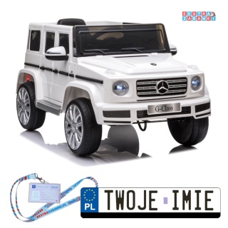 Biały Mercedes G500 na akumulator - 2x45W, 12V/4.5Ah, EVA, LED, ekoskóra, pilot - [7912]