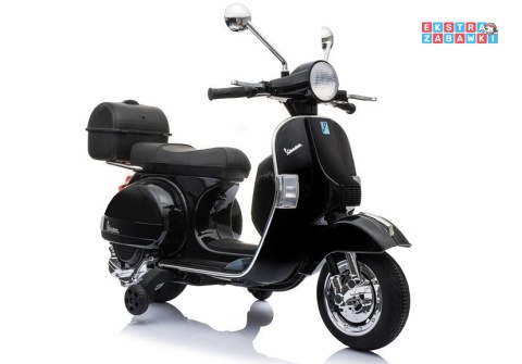 Czarny Skuter Vespa na akumulator - 2x45W, 12V/4.5Ah, EVA, LED, ekoskóra, panel audio - [3914]