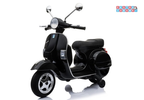 Czarny Skuter Vespa na akumulator - 2x45W, 12V/4.5Ah, EVA, LED, ekoskóra, panel audio - [3914]