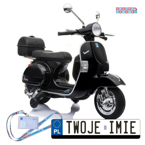 Czarny Skuter Vespa na akumulator - 2x45W, 12V/4.5Ah, EVA, LED, ekoskóra, panel audio - [3914]