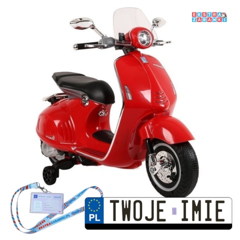 Czerwony Skuter Vespa GTS 300 na akumulator - 2x45W, 12V/4.5Ah, ekoskóra, LED, panel audio - [5352]