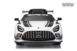 Biały Mercedes AMG GT3 na akumulator - 2x45W, 12V/4.5Ah, ekoskóra, LED, Bluetooth, pilot - [15907]