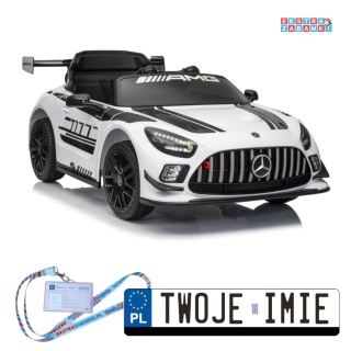 Biały Mercedes AMG GT3 na akumulator - 2x45W, 12V/4.5Ah, ekoskóra, LED, Bluetooth, pilot - [15907]