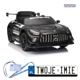 Czarny Mercedes AMG GT3 na akumulator - 2x45W, 12V/4.5Ah, ekoskóra, LED, Bluetooth, pilot - [15908]