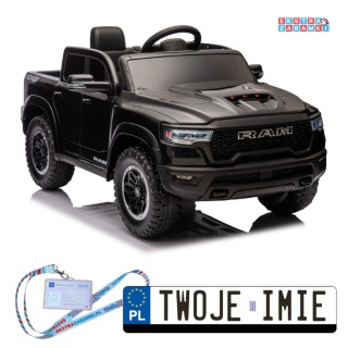 Czarny Dodge Ram ZB618 na akumulator - 4x45W, 12V/10Ah, ekoskóra, LED, EVA, Bluetooth, pilot - [20904]