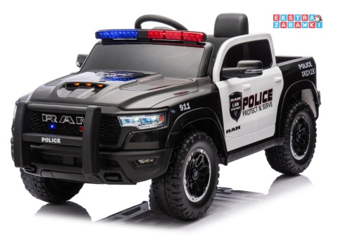 Czarny Policyjny Dodge Ram ZB618P na akumulator - 4x45W, 12V/10Ah, EVA, LED, ekoskóra, Bluetooth, pilot - [20907]