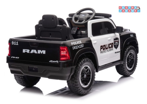 Czarny Policyjny Dodge Ram ZB618P na akumulator - 4x45W, 12V/10Ah, EVA, LED, ekoskóra, Bluetooth, pilot - [20907]