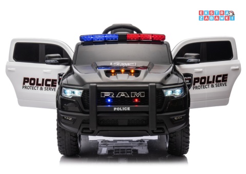 Czarny Policyjny Dodge Ram ZB618P na akumulator - 4x45W, 12V/10Ah, EVA, LED, ekoskóra, Bluetooth, pilot - [20907]
