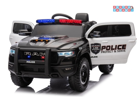 Czarny Policyjny Dodge Ram ZB618P na akumulator - 4x45W, 12V/10Ah, EVA, LED, ekoskóra, Bluetooth, pilot - [20907]