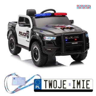 Czarny Policyjny Dodge Ram ZB618P na akumulator - 4x45W, 12V/10Ah, EVA, LED, ekoskóra, Bluetooth, pilot - [20907]