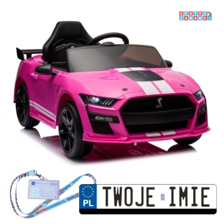 Różowy Ford Mustang GT500 Shelby na akumulator - 2x35W, 12V/7Ah, EVA, LED, ekoskóra, Bluetooth, pilot - [19529]