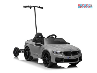 Słabo szare BMW M5 na akumulator - z platformą dla rodzica, 2x45W, 12V/7Ah, EVA, ekoskóra, LED, panel audio, pilot - [9586]