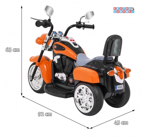 Pomarańczowy Motor Chopper NightBike na akumulator - 1x20W, 6V/4.5Ah, panel audio, światła LED - [TR1501]
