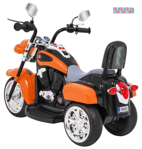 Pomarańczowy Motor Chopper NightBike na akumulator - 1x20W, 6V/4.5Ah, panel audio, światła LED - [TR1501]