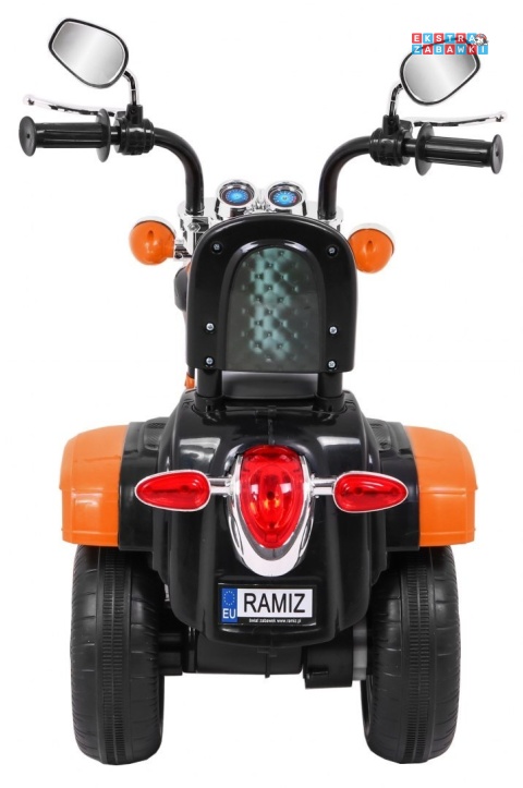 Pomarańczowy Motor Chopper NightBike na akumulator - 1x20W, 6V/4.5Ah, panel audio, światła LED - [TR1501]