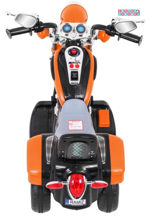 Pomarańczowy Motor Chopper NightBike na akumulator - 1x20W, 6V/4.5Ah, panel audio, światła LED - [TR1501]