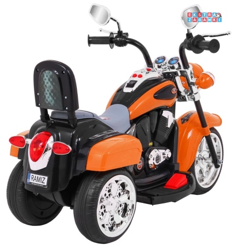 Pomarańczowy Motor Chopper NightBike na akumulator - 1x20W, 6V/4.5Ah, panel audio, światła LED - [TR1501]