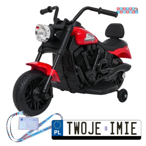 Motor STAR na akumulator - czerwony, 1x35W 6V/4.5Ah, światła LED, panel muzyczny, boczne kółka, wolny start [XMX-659]