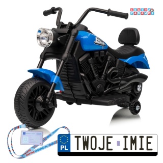Niebieski Motor STAR na akumulator - 1x35W, 6V/4.5Ah, światła LED, panel muzyczny, boczne kółka, wolny start - [XMX-659]