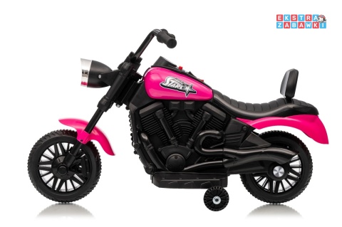 Różowy Motor STAR na akumulator - 1x35W, 6V/4.5Ah, światła LED, panel muzyczny, boczne kółka, wolny start - [XMX-659]