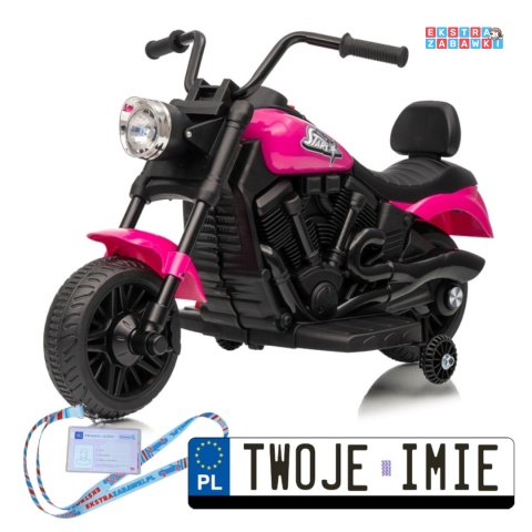 Różowy Motor STAR na akumulator - 1x35W, 6V/4.5Ah, światła LED, panel muzyczny, boczne kółka, wolny start - [XMX-659]