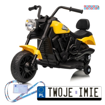 Żółty Motor STAR na akumulator - 1x35W, 6V/4.5Ah, światła LED, panel muzyczny, boczne kółka, wolny start - [XMX-659]