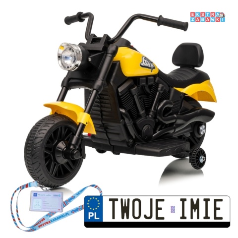 Motor STAR na akumulator - żółty, 1x35W 6V/4.5Ah, światła LED, panel muzyczny, boczne kółka, wolny start [XMX-659]