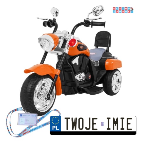 Pomarańczowy Motor Chopper NightBike na akumulator - 1x20W, 6V/4.5Ah, panel audio, światła LED - [TR1501]