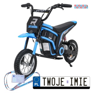 Niebieski Motor enduro RZ56 MAX na akumulator - 1x350W 24V/10Ah, pompowane opony, ekoskóra, wolny start, Bluetooth, LED - [SX232