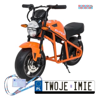 Pomarańczowy Motor SUPERMOTO na akumulator - 1x300W, 24V/9Ah, EVA, LED, Bluetooth, ekoskóra, amortyzacja z tyłu - [WH8899]