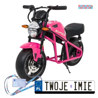 Różowy Motor SUPERMOTO na akumulator - 1x300W, 24V/9Ah, EVA, LED, Bluetooth, ekoskóra, amortyzacja z tyłu - [WH8899]