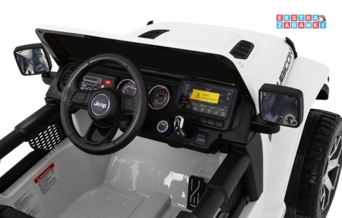 Biały Jeep Wrangler Rubicon na akumulator - 4x45W, 12V/14Ah EVA, pokrowiec, pilot, LED, MP3, BT - [JWR555]