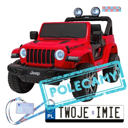 Czerwony Jeep Wrangler Rubicon na akumulator - 4x45W, 12V/14Ah, EVA, pokrowiec, pilot, LED, MP3, BT - [JWR555]