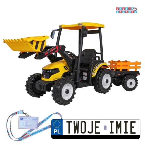 [JS3158B] Mega traktor D68 2x200W 24V/10Ah z łyżką i przyczepką ekoskóra, pilot, LED - żółty [S]