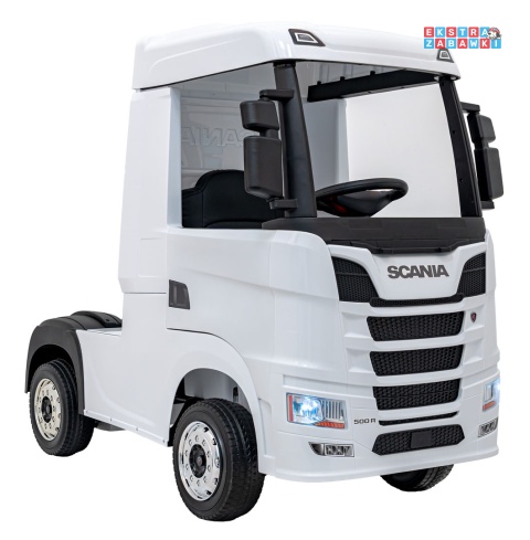 Biały TIR Scania R-Serie na akumulator - 4x35W 24V/7Ah, EVA, Bluetooth, ekoskóra - [HL698]