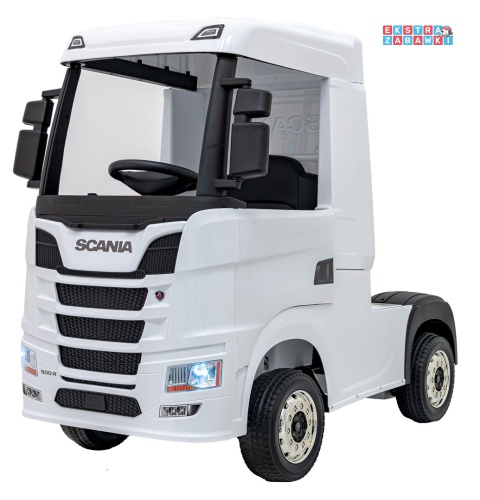 Biały TIR Scania R-Serie na akumulator - 4x35W 24V/7Ah, EVA, Bluetooth, ekoskóra - [HL698]