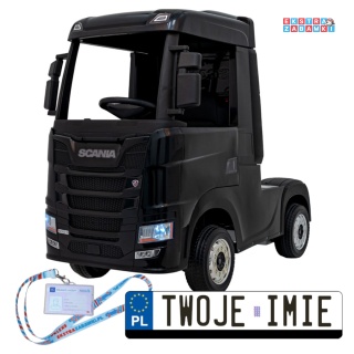 Czarny TIR Scania R-Serie na akumulator - 4x35W 24V/7Ah, EVA, Bluetooth, ekoskóra - [HL698]
