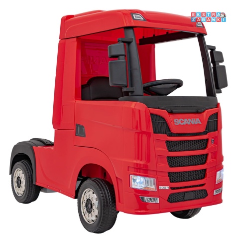 Czerwony TIR Scania R-Serie na akumulator - 4x35W 24V/7Ah, EVA, Bluetooth, ekoskóra - [HL698]
