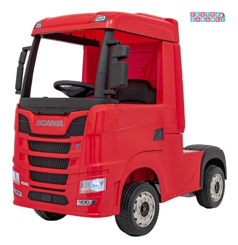 Czerwony TIR Scania R-Serie na akumulator - 4x35W 24V/7Ah, EVA, Bluetooth, ekoskóra - [HL698]