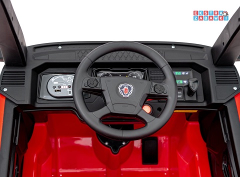Czerwony TIR Scania R-Serie na akumulator - 4x35W 24V/7Ah, EVA, Bluetooth, ekoskóra - [HL698]