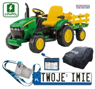 [S] Traktor John Deere Peg Perego Ground Force na akumulator 2x165W 12V/9Ah z radiem + pokrowiec rozmiar L