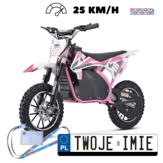 Różowy Motor Crossowy HP114E Trail King na akumulator - 1x800W 36V/9Ah, hamulce tarczowe, kluczyki, pompowane koła - [20433]