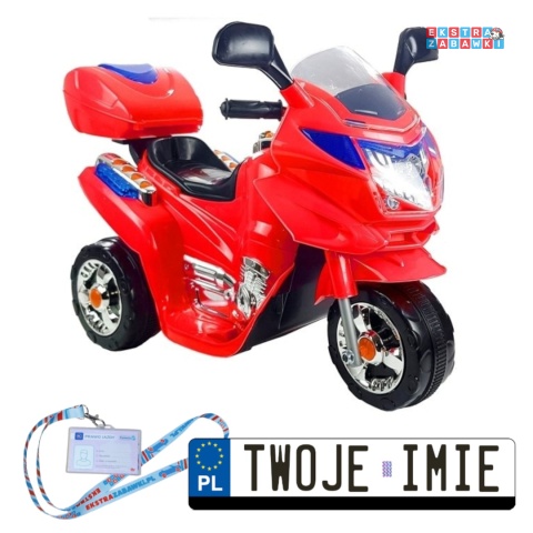Czerwony motorek trójkołowy HC8051 na akumulator - 1x18W 6V/4.5Ah, LED, klakson, muzyczna kierownica - [1777]