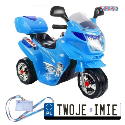 Niebieski Motorek trójkołowy HC8051 na akumulator - 1x18W 6V/4.5Ah, LED, klakson, muzyczna kierownica - [1778]