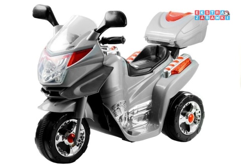 Srebrny motorek trójkołowy HC8051 na akumulator - 1x18W 6V/4.5Ah, LED, klakson, muzyczna kierownica - [2070]