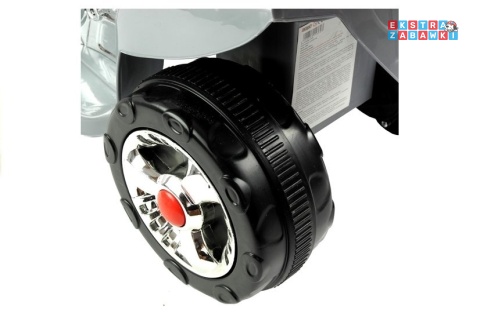 Srebrny motorek trójkołowy HC8051 na akumulator - 1x18W 6V/4.5Ah, LED, klakson, muzyczna kierownica - [2070]